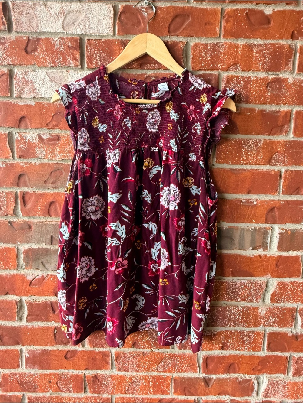 Old Navy Burgundy Floral Smocked Cap-Sleeve Blouse